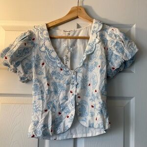 NEW For Love And Lemons Blue and White Puff Sleeve Top